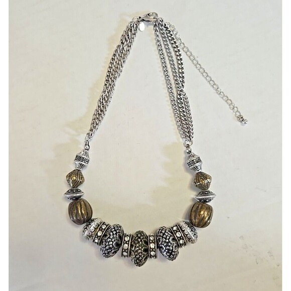 Premier Designs Isabella Necklace Silver & Brass Rhinestone Rondelles 16" to 20" - Picture 4 of 9